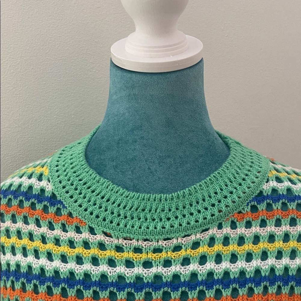Striped Green Pastel Short-Sleeve Crochet Knit Sweater - Picture 3 of 9